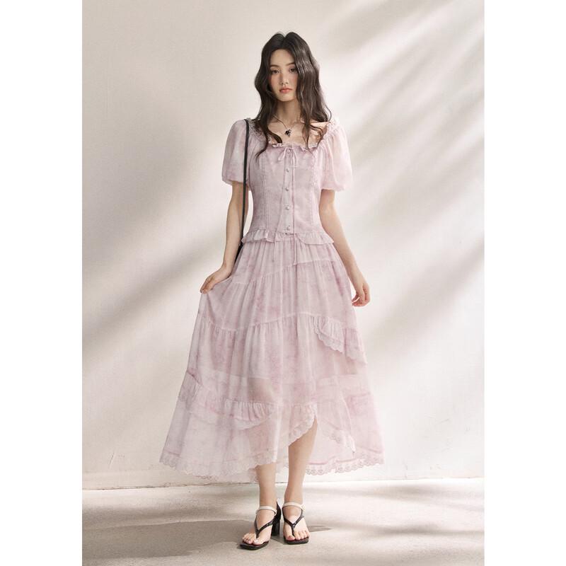 Mixiu Ombre Chiffon Square Neck Puff Sleeve Skirt Set