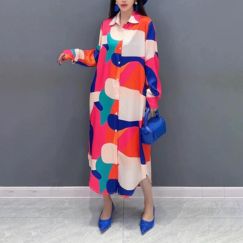 European Station Summer New Dress Printed Long Shirt Skirt Long Sleeve Loose Large Size Fashion Elegant Shirt One size fits all