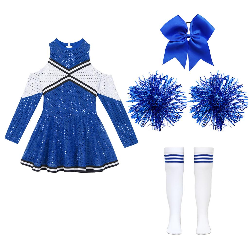 Mädchen Langarm Kontrastfarbe Glitzernde Pailletten Cheerleading Kleid Schleife Kopfschmuck Handblumen Gestreifte Socken Performance Set