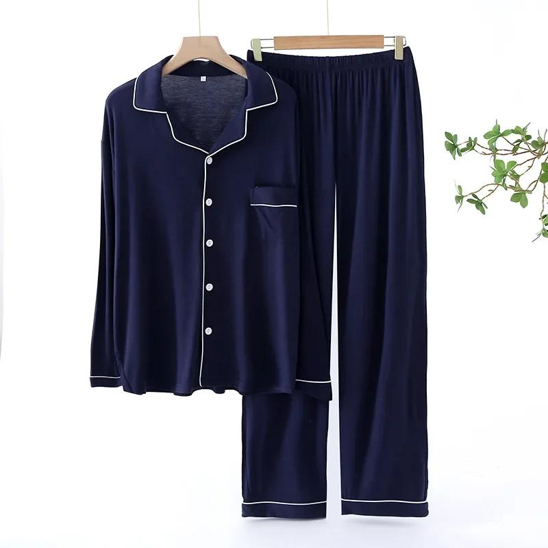 Trouser Pajamas Sets for Men's Spring and Autumn Long Sleeve Modal Thin Plus-Sized Homewear Suit Solid Colors Pyjama Men Sets