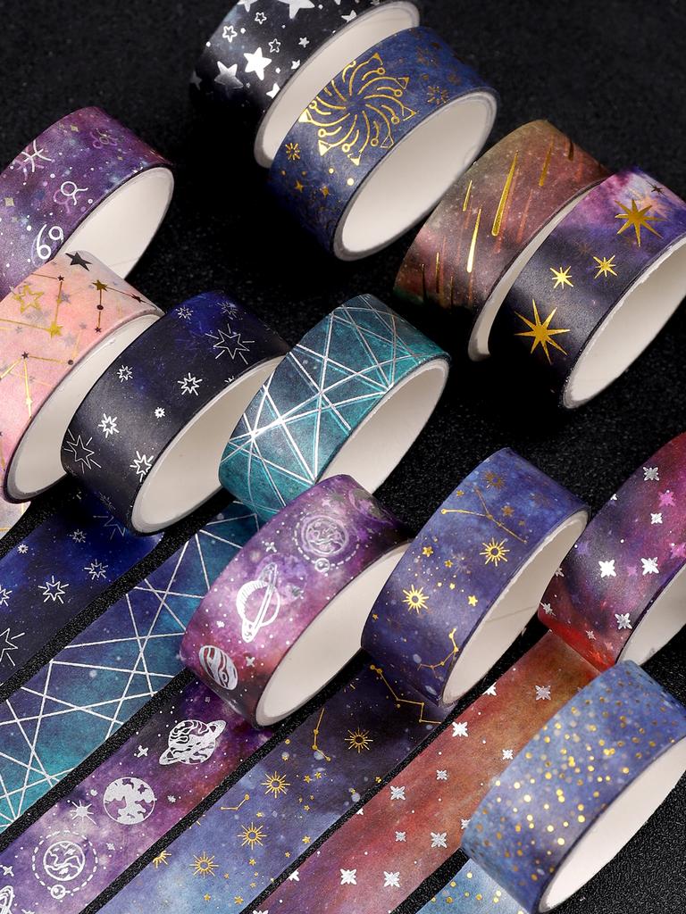 6rolls/Box Hot Stamping Silver Starry Sky Washi Tape Adhesive Masking Tape Journaling Supplies School Stationery Washi Tape