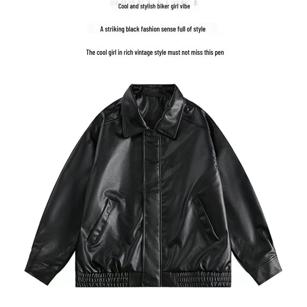 2025 Trendy American Retro Leather Jacket - Loose Fit for Spring & Autumn, Unisex Motorcycle Style, Cool Black