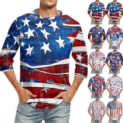 Men's Fashion Casual Independence Day Print  Neck Seven-point Sleeve Top T-shirt