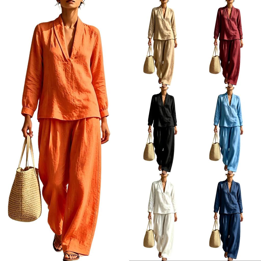 Women's 2-Piece Set, V-Neck Long Sleeve Top and Wide Leg Pants Outfit