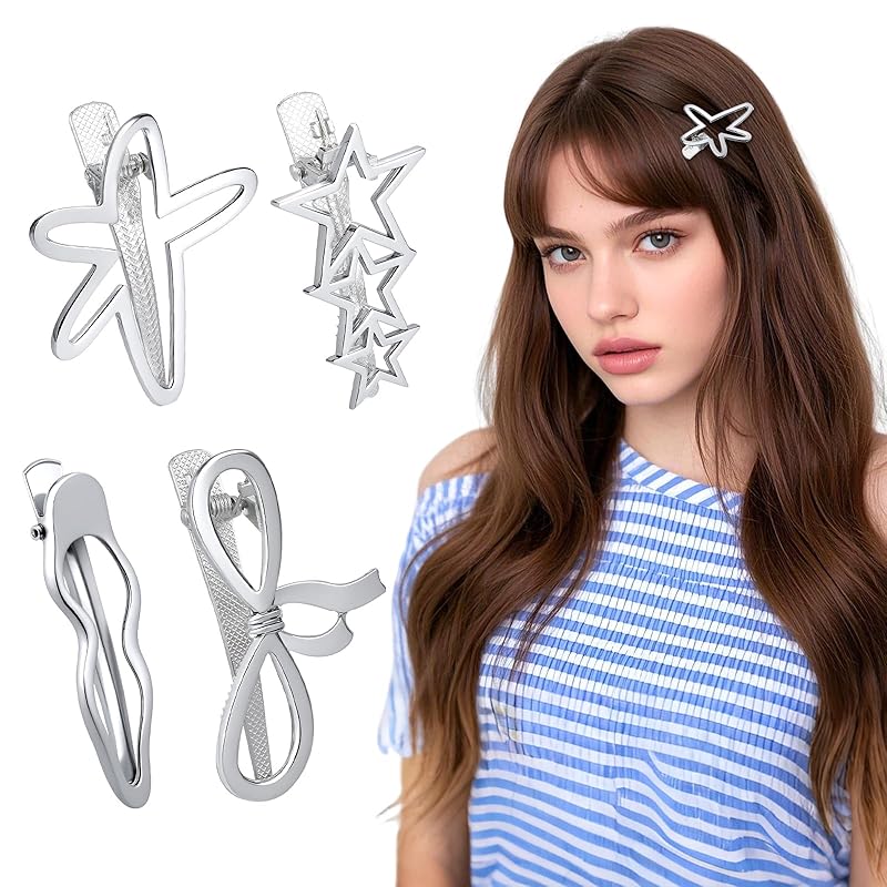 4Pcs Y2K Silver Hair Clips, Silver Star Hair Clips Y2K Hair Accessories, Metal Wave Barrettes, Non Slip Bangs Hair clip for Hair Styling Star Style B