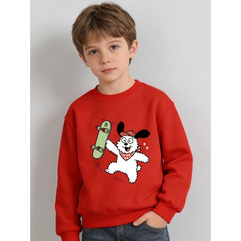 European Sizes Autumn/Winter Kids' Long-Sleeve Crewneck Sweatshirt, Casual and Comfortable Style with Fun Cartoon Puppy Skateboard Print