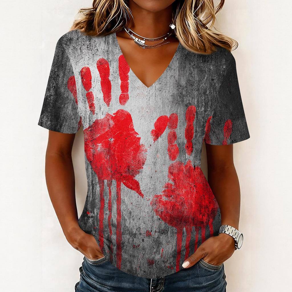 Women's Casual Short Sleeve V Neck Pullover Top Halloween Themed Graphic Print Lightweight Comfortable Fit