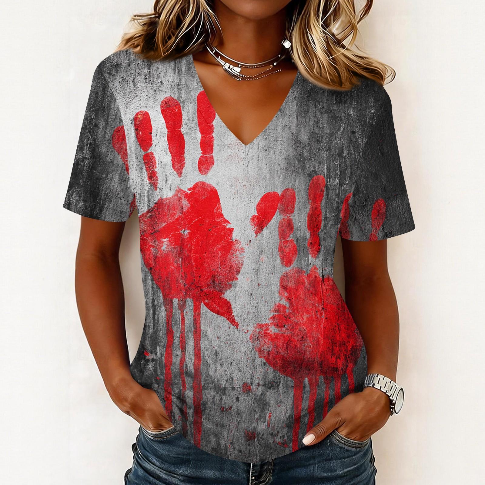 Women s Halloween Printed V-Neck T-Shirt Short Sleeve Casual Pullover Top L