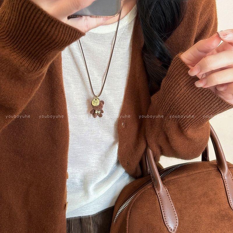 Fashion Chain Necklace Cute Plush Bear Pendant Necklace Women'S Sweater Necklace Pu Leather For Women'S Sweater Gift Autumn