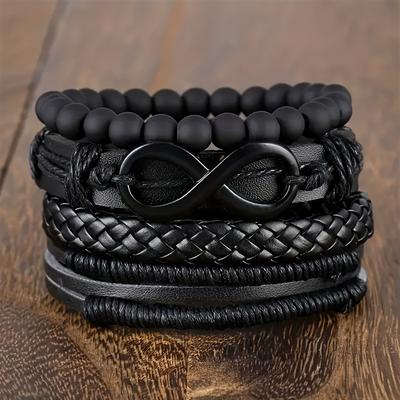 Faux Leather Bracelet Infinity Loop Handmade Punk Hip Hop Woven Rope Pendant Men's Bracelet 4pcs