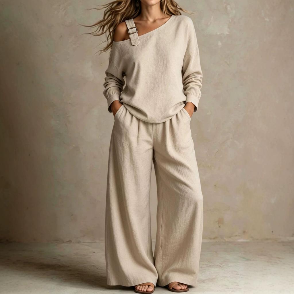 Women Off Shoulder One Sleeve Belt Detail Top Wide Leg Pants Two Piece Set Casual Loose Fit Loungewear