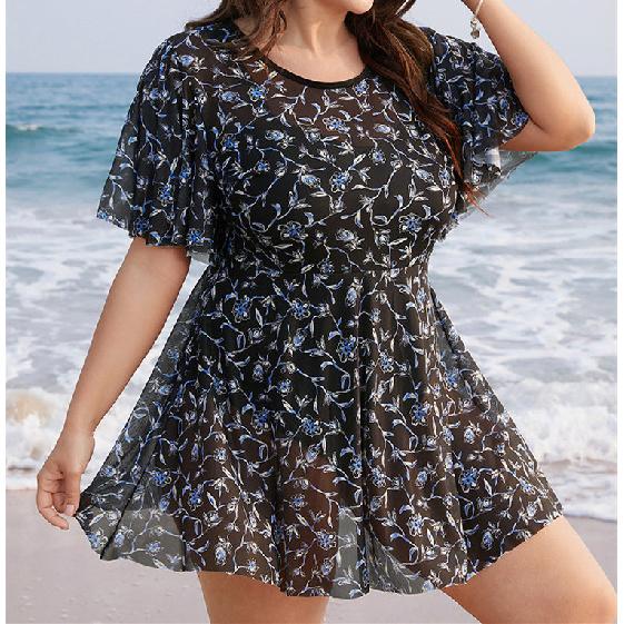 Stroje kąpielowe plus size damskie siateczkowe elastyczne sukienki plażowe dla puszystych kobiet z wysokim stanem i krótkim rękawem sukienka do pływania poliestrowa seksowna odzież kąpielowa