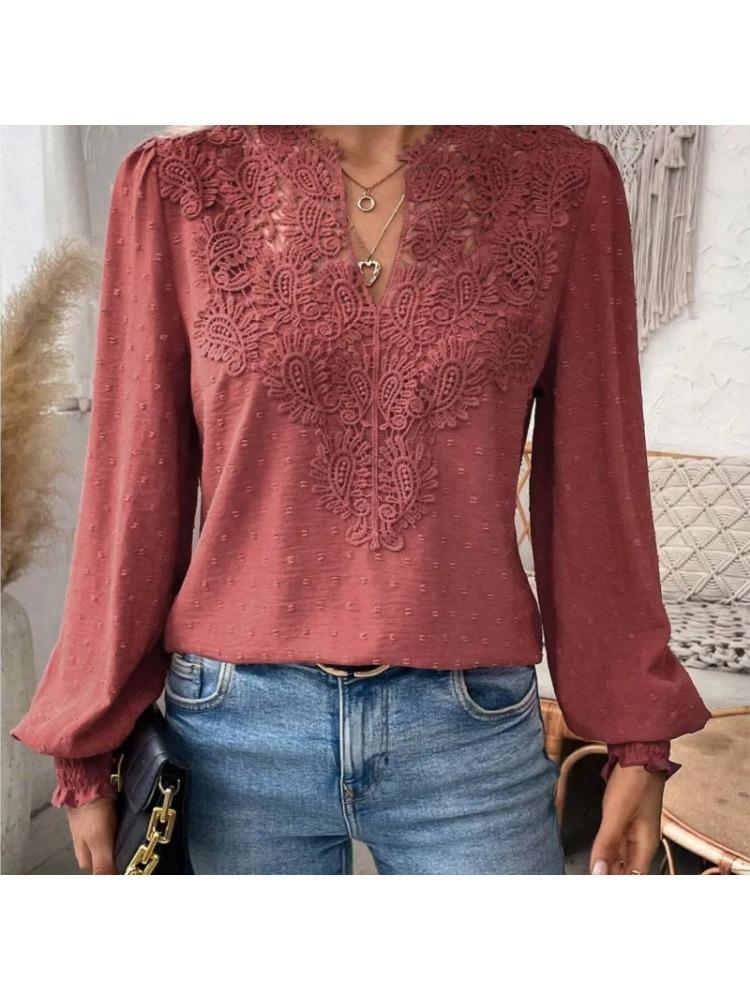 2025 Herbst Damenbekleidung Neues Sexy V-Ausschnitt Modisches Spitzen-Patchwork Einfarbiges Hemd Langarmhemd Damenbekleidung