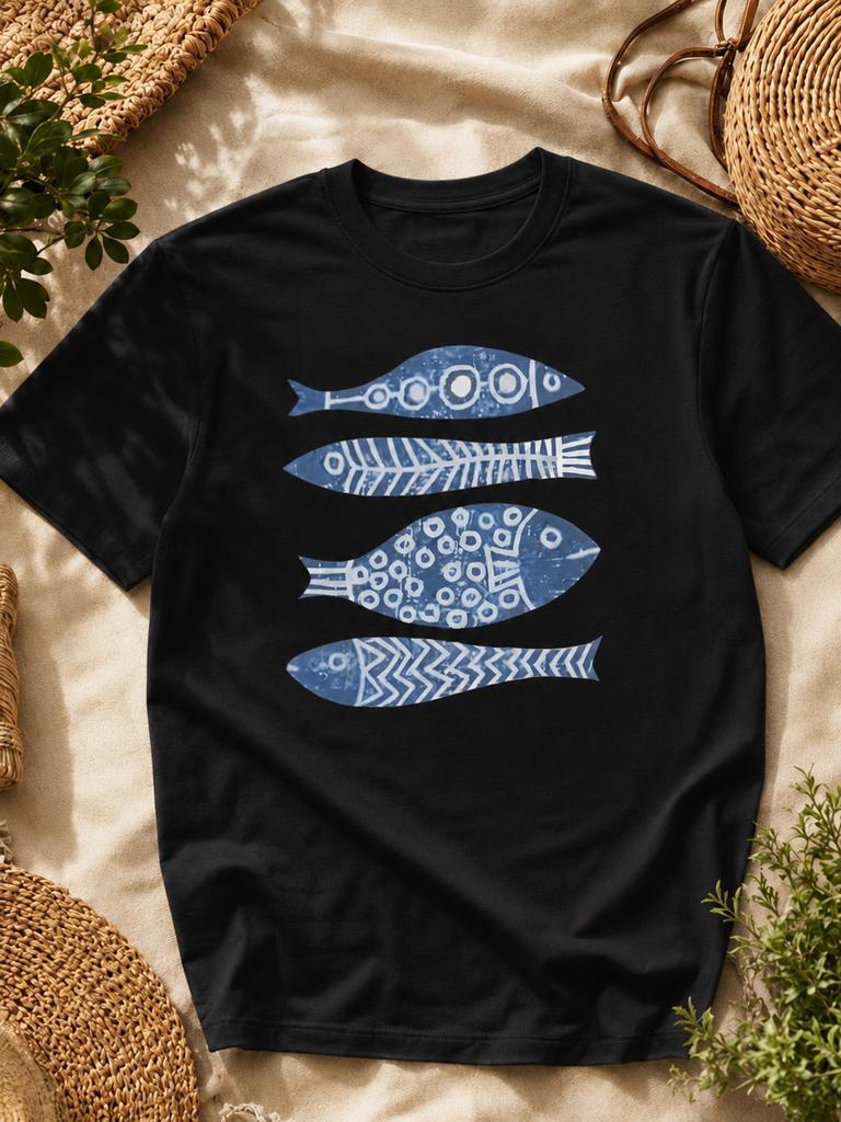 Blue Patterned Fish Graphic T-Shirt, Coastal Summer Cotton Tee
