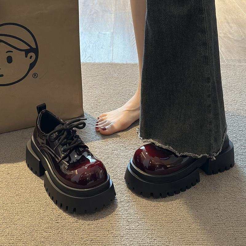 Big Head Sweet and Cool Muffin Platform Small Leather Shoes Women's 2025 Autumn New American Retro British Style Lace-up Single Shoes