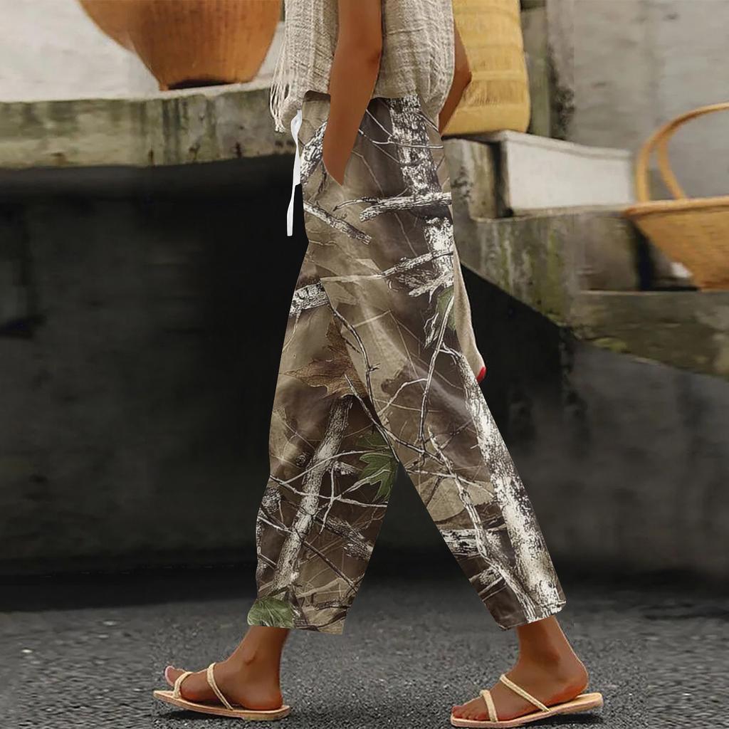 Women's Fashion Printed Drawstring Pocket Elastic Waist Casual Pants