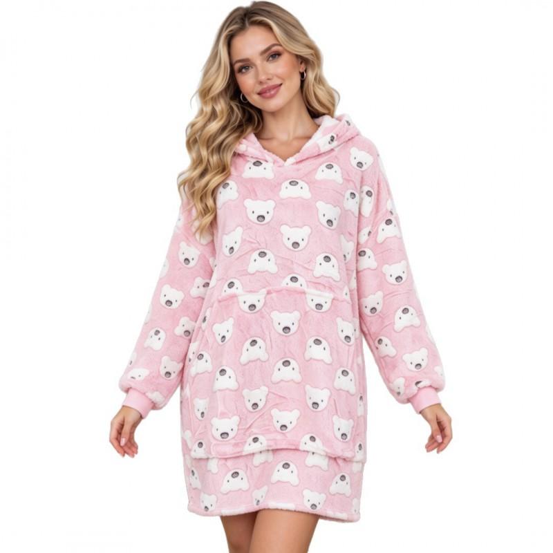 Womens Fall Winter Cartoon Print Hooded Fleece Nightgown Loose Warm Loungewear