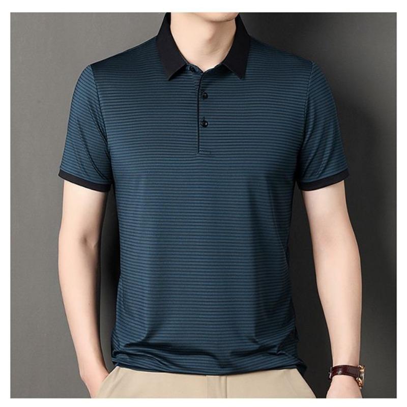 Herren Kurzarm Poloshirt Kontrastkragen Gestreiftes Muster Atmungsaktiv Lässig Business Oberteile