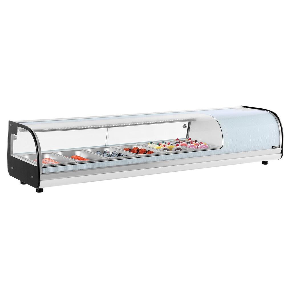 Sushi Display Case Refrigerator, 62L Commercial Sushi Case, 6-Pan Countertop Showcase with Curved Glass, LED Lighting, and Digital Temperature