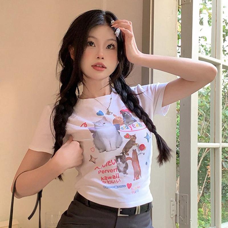Slim Casual T-shirt For Women Cute Cartoon Print Soft Breathable Versatile Summer Short Sleeve Crop Top