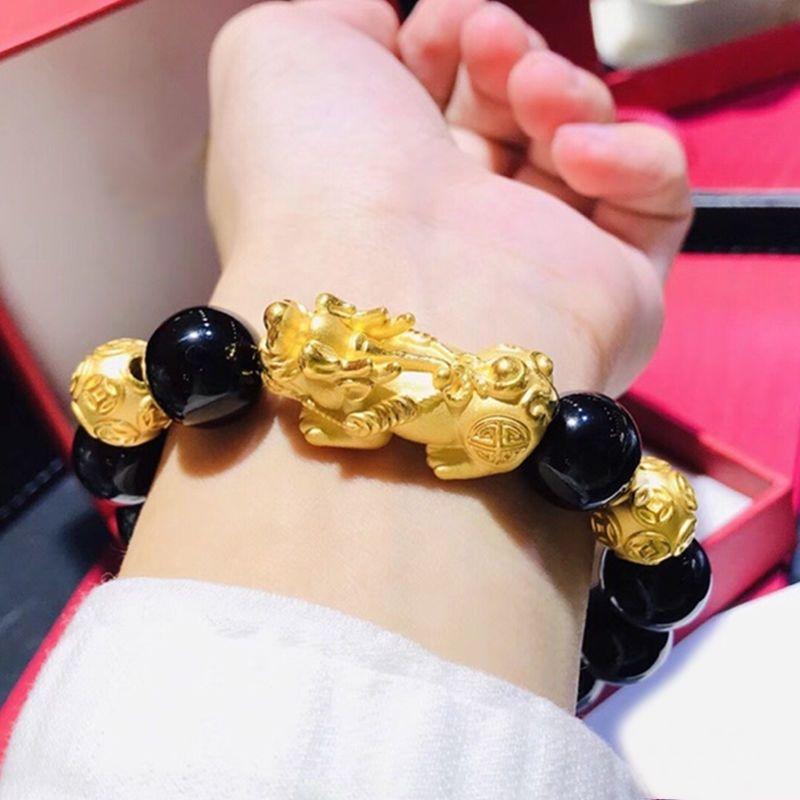 Gold Color Pixiu Bracelet for Men and Women's Wealth Transfer Obsidian Buddha Bead Couple Hand