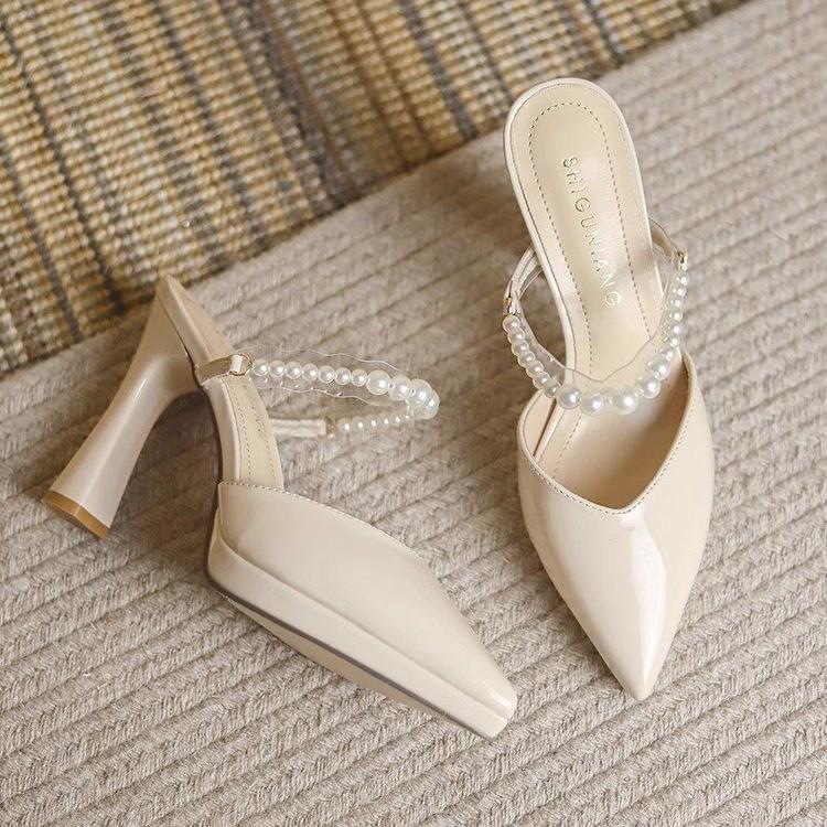 Fashion Women Slippers Female Shoes Pointed Toe Mules for Women 2024 Thin Heels Slippers Soft Beige Heeled Slides Fashion New Comfort