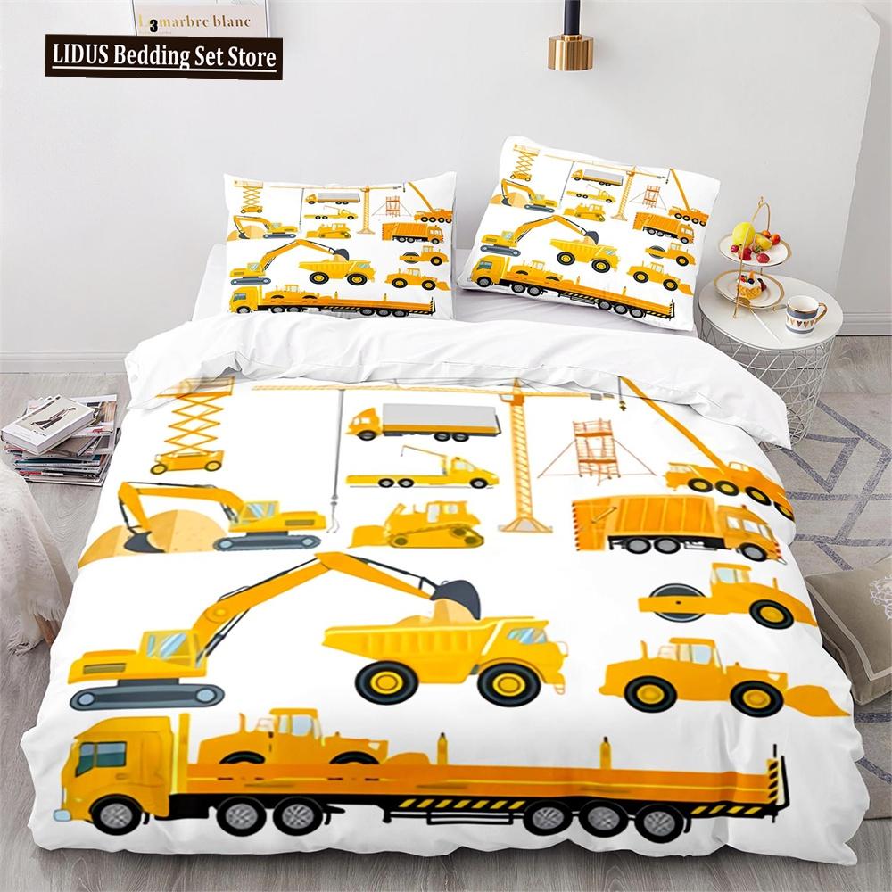 Digger Duvet Cover Set Cartoon Heavy Machinery Truck Crane Mixer Excavator Tractor Pattern For Kid Teen Polyester Bedding Set