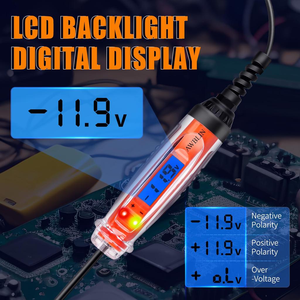 Car Test Light 3-60V DC Digital Light Tester with Voltmeter, Heavy Duty Auto Circuit Tester with LCD Backlight Display and LED Indication