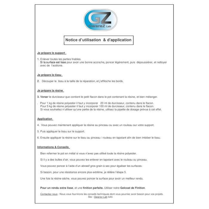 6 m² Tissu de verre 300 gr/m² + 5 Kg Résine Polyester + Catalyseur + Pipette dosage 10 ml