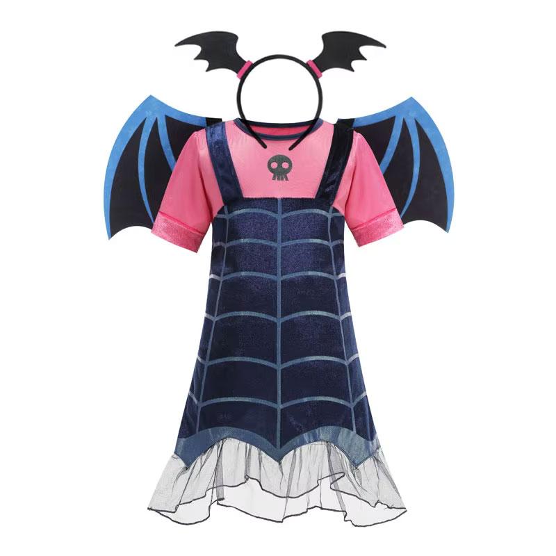 Dívčí fialové šaty s netopýrem Dětský extravagantní cosplay kostým upíra démona s křídly a pokrývkou hlavy Halloweenské karnevalové oblečení pro čarodějku
