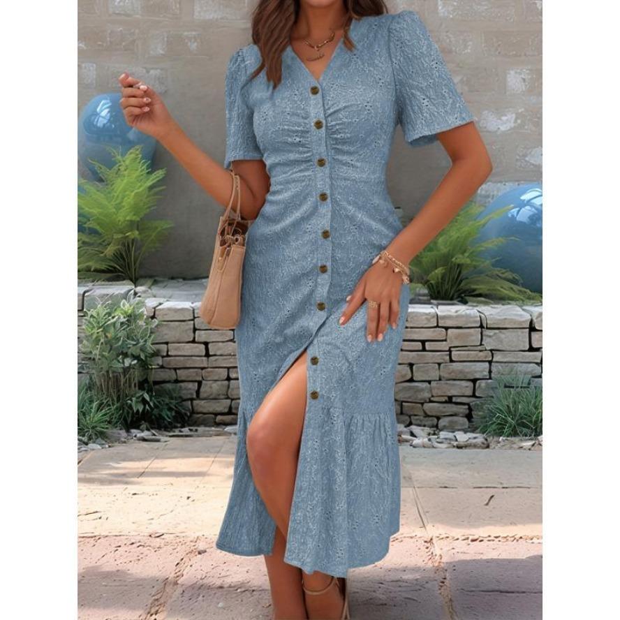 Damenmode Sommer Frühling Einfarbiger Druck Kurzarm V-Ausschnitt Hohe Taille Freizeitkleider