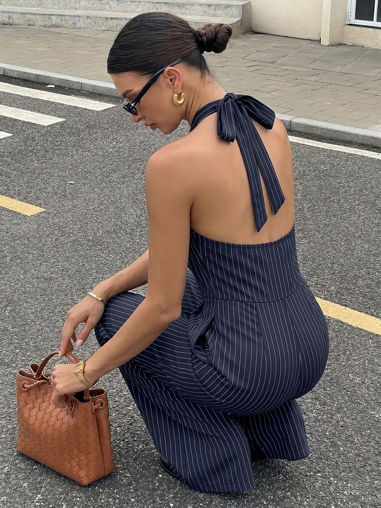 Navy Blue Retro Commuter Striped Halter Backless High Waist Wide Leg Jumpsuit