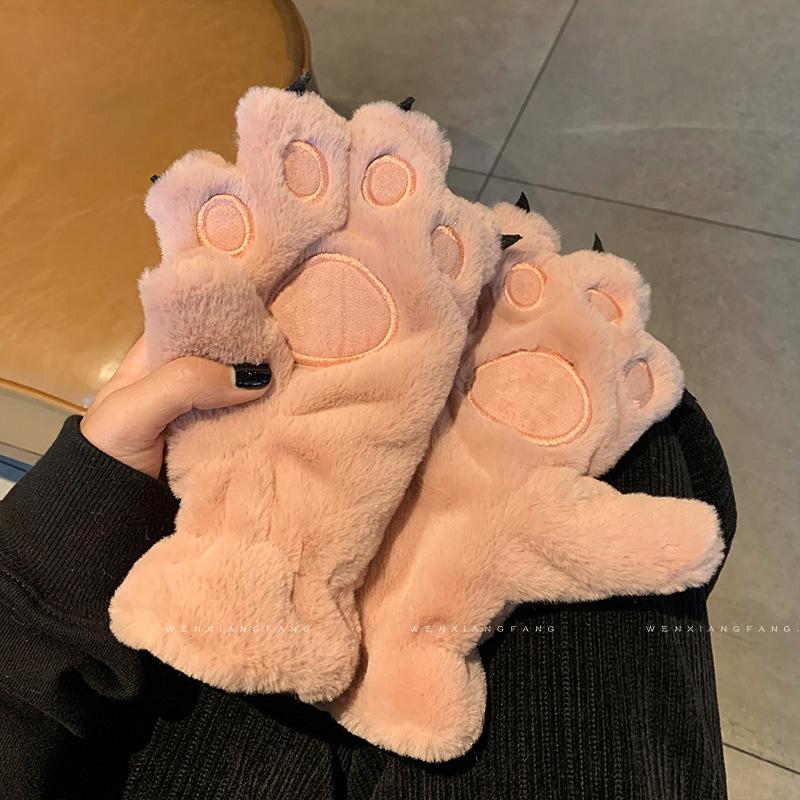 Cartoon Cute Bear Paw Cat Claw Plush Gloves Female Neck Girl Student Plush Thickened Cold Winter Cycling Tide