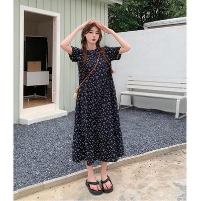 French Retro Round Neck Design Sense Loose Floral Dress Women's Summer New Sweet and Gentle Wind A-shaped Skirt