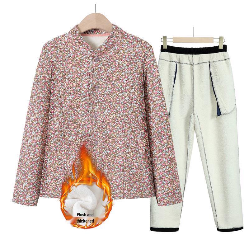 Grandma's Winter Floral Cotton Jacket with Velvet Lining - Warm, Thickened, Small Size for Elderly Women