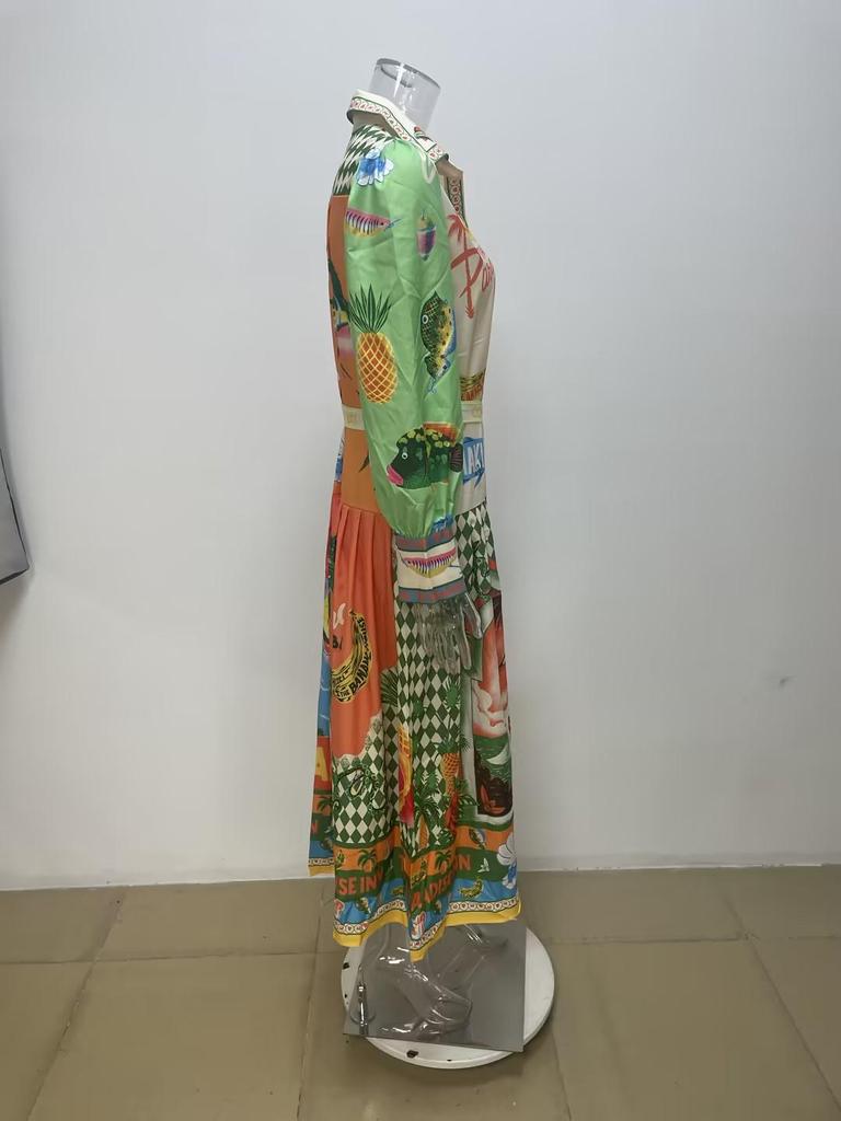 Spring 2026 European & American Women's Fashion: Belted Waist-Cinching Printed Lantern Sleeve Long Dress