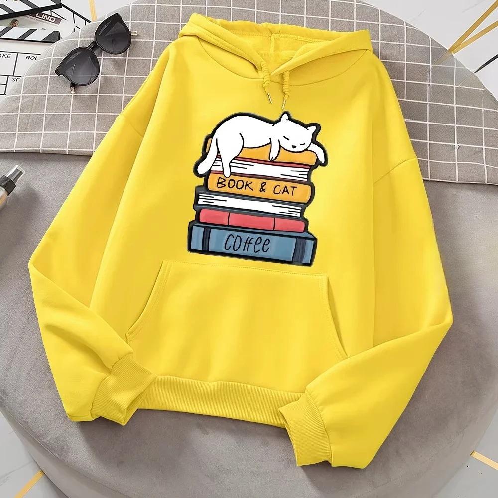 White Cat Sleeping on A Pile of Books Hoodie Women Novelty Fashion 2D Hoody Loose Oversized Basic New Casual Daily Autumn Hoodie