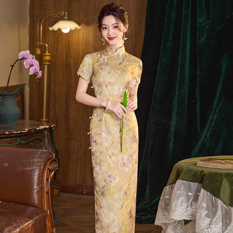 Yellow national style new Chinese style Suzhou daily long cheongsam improved young 1011 new women's high-end catwalk