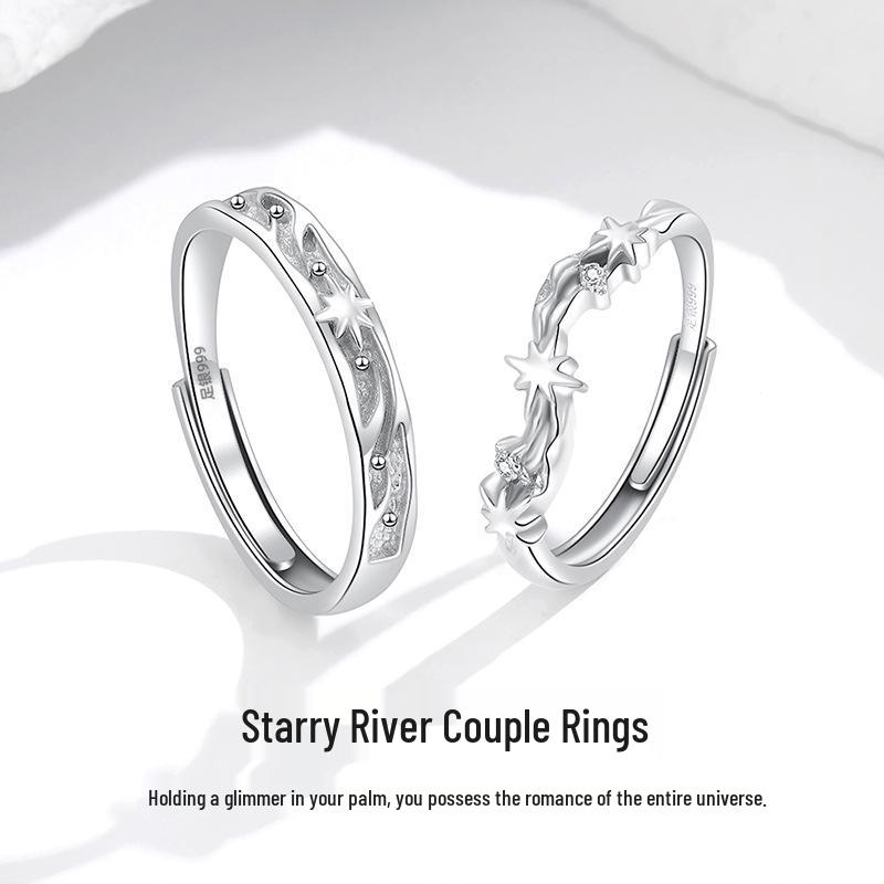 Sterling Silver Starry River Couples' Open Rings: Elegant Luxury Design with Zirconia Stars for Men and Women.