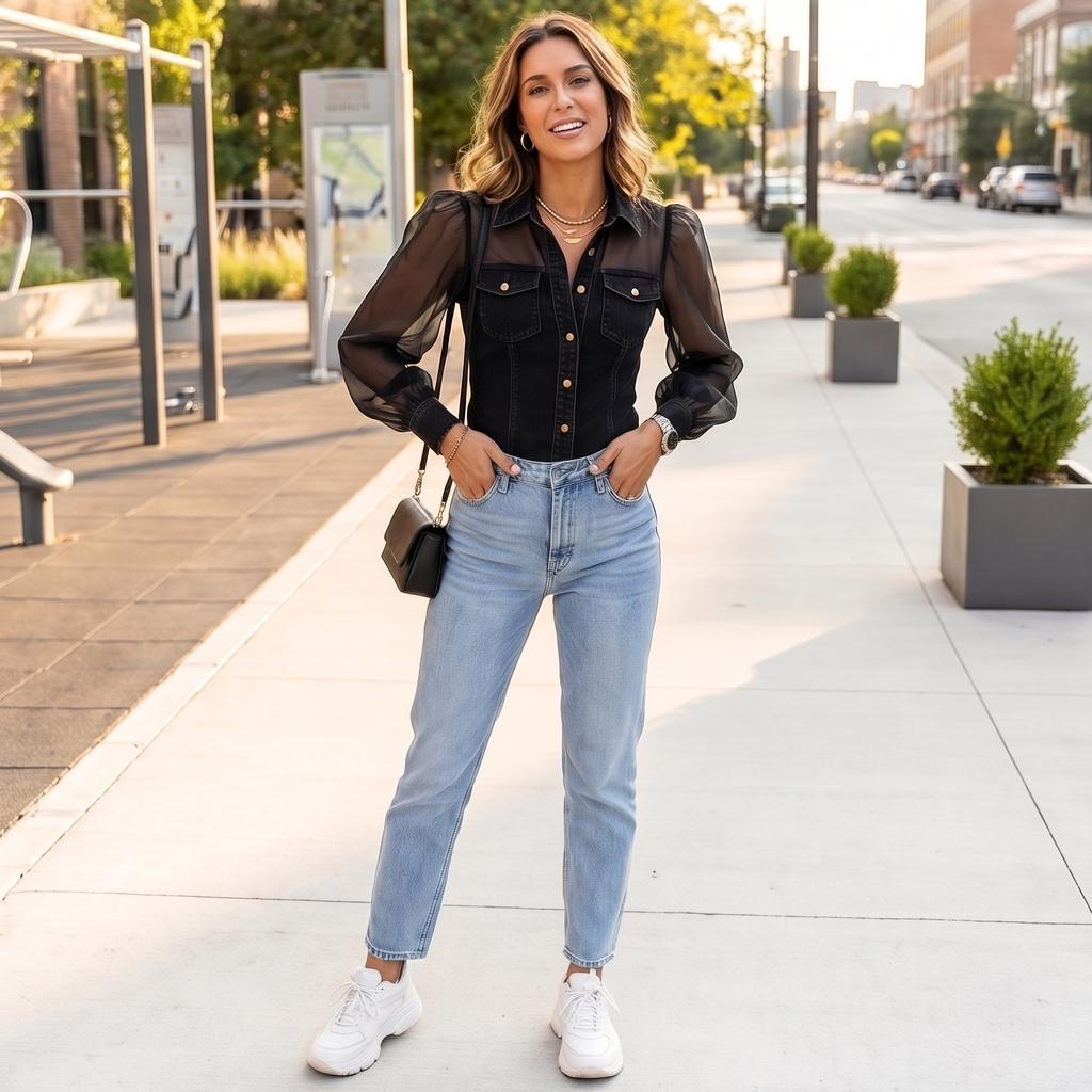 Womens Spring Tops Button Down Denim Shirt with Sheer Long Sleeves Summer Shirts for Women Casual Style Dressy Tops for Women