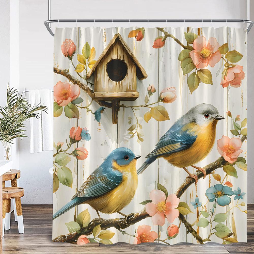 Bird Cartoon Shower Curtain Oil Painting Flower Leaf Tree Animal Print Spring Summer Bathroom Decor Modern Floral Bath Curtain