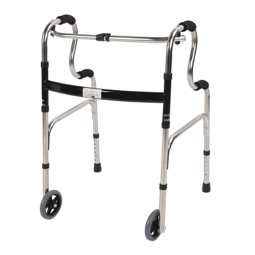 Elderly Walker 6 Height Adjust 4 Legs Stainless Steel Senior Folding Walker with Wheels Double Bend