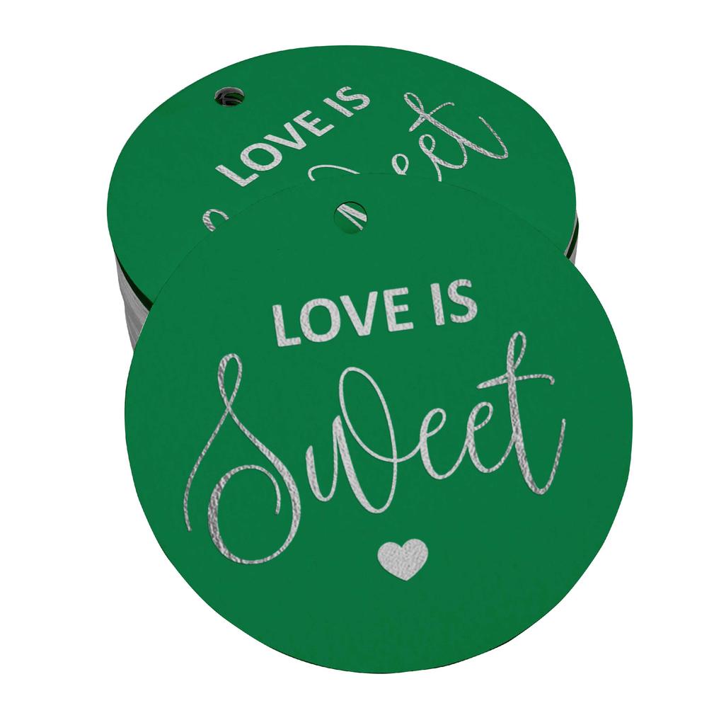 Inkdotpot 100 - Confezione da 100 etichette in carta stagnola color oro vero Love Is Sweet bomboniera da appendere