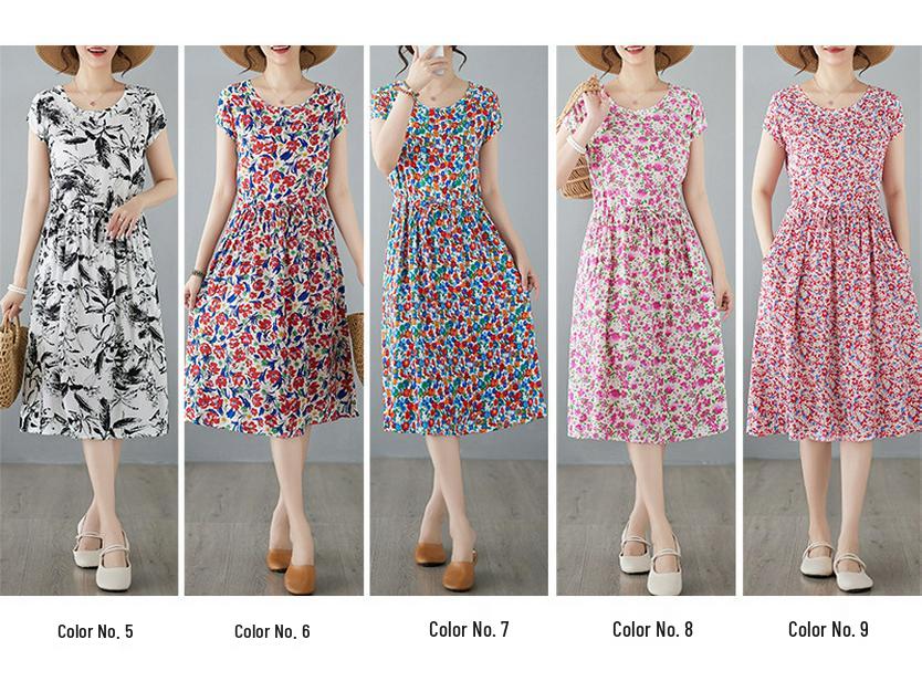 2025 Summer Floral Cotton-Silk A-Line Dress: Women's Short Sleeve, Loose Waist, Slimming Tie Mid-Length