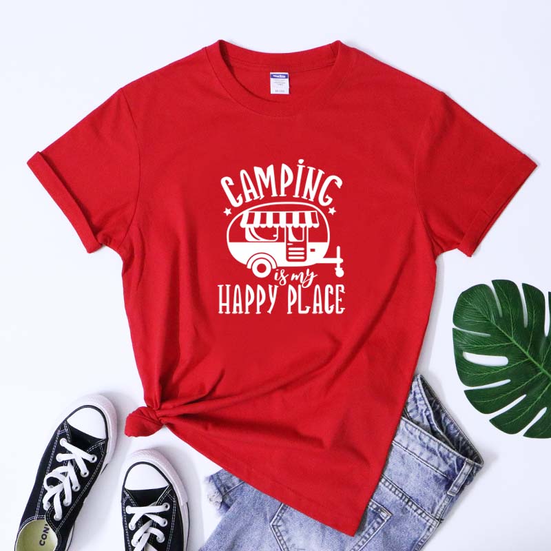 Camping Is My Happy Place Tshirt Cute Queen Of The Camper Tshirt Funny Road Trip Traveler Gift Tee Shirt Top