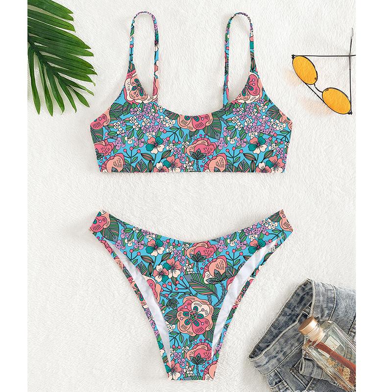 Micro Bikini Sexy Floral Print Push Up Swimsuit Women Halter Cut Out Beach Bathing Suit Thong Swimwear