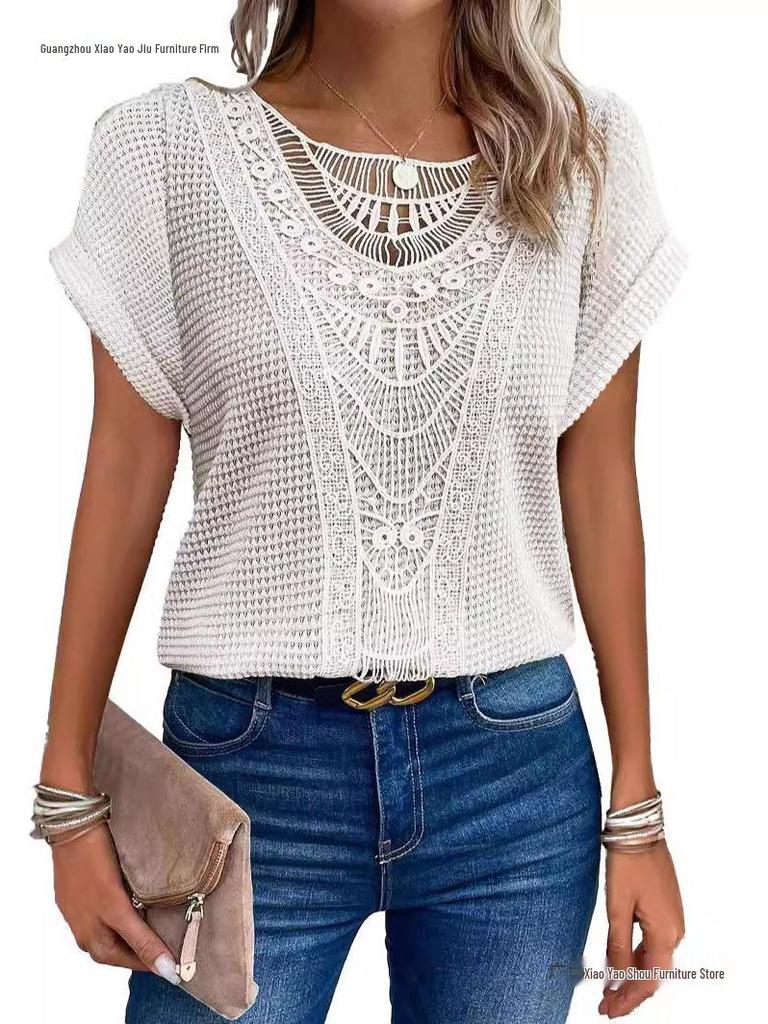 2026 Spring/Summer Women’s Lace Patchwork Short Sleeve T-shirt
