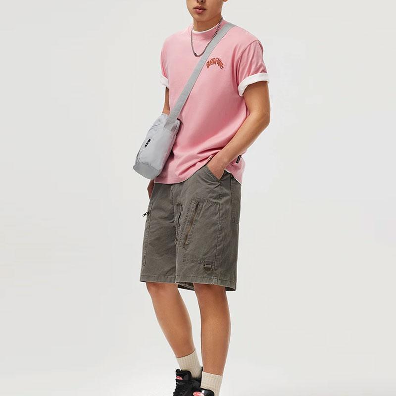 Li-Ning Badfive Deceptive Tactics Letter Print Loose Round Neck Short Sleeve Drop Shoulder T-Shirt Men Tops Apricot Pink AHSU435-7