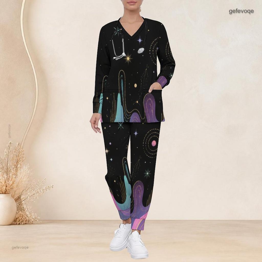 Women Plus Size V Neck Long Sleeve Scrub Set Vintage American Flag Star Stripe Print Nurse Uniform Set