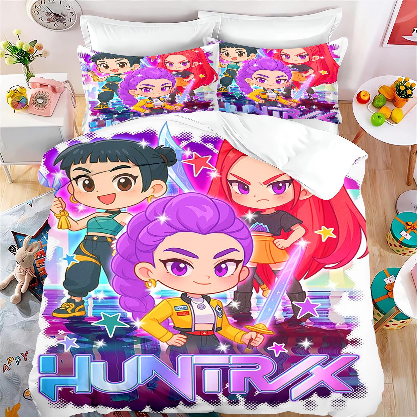 

KPop Demon Hunters Аниме 100% Полиэстер Комплект постельного белья Комплект пододеяльника Печатный Мультяшный Домашний Декор EU Single(135*200cm)3pcs